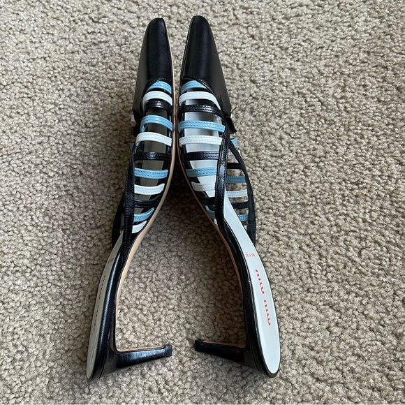 MIU MIU Blue/Black Leather Low Heeled Slides Sz 37 - Picture 7 of 12